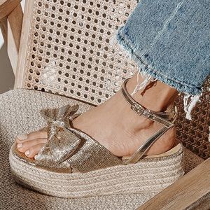 Gold Foil Bow Platform Espadrille Sandals